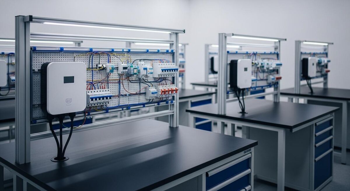 Training centre with electrical testing equipment and EV charger unit mounted on a demo board