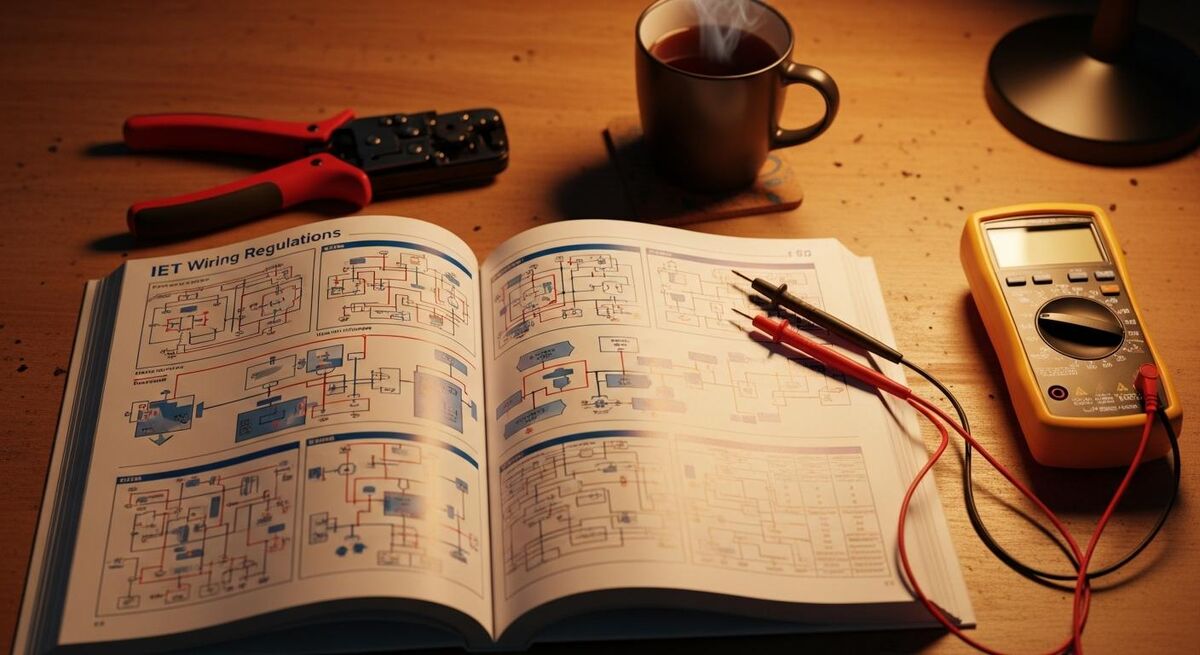 Electrician reviewing wiring regulations handbook at a workbench
