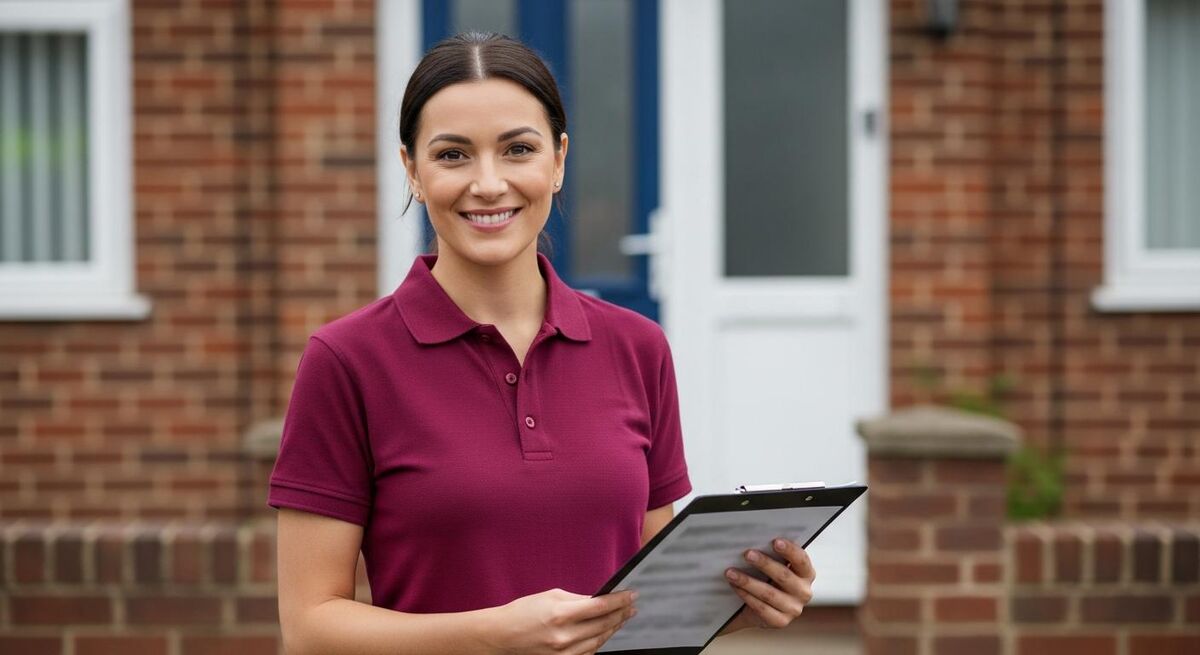 A smiling heating engineer in a burgundy polo shirt holding a clipboard quote outside a customer's brick home