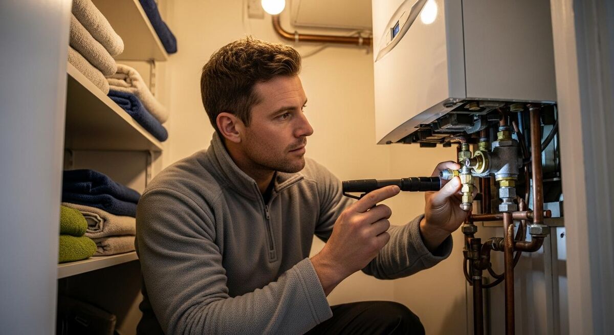 A heating engineer kneeling to inspect and measure an existing boiler in a domestic utility cupboard