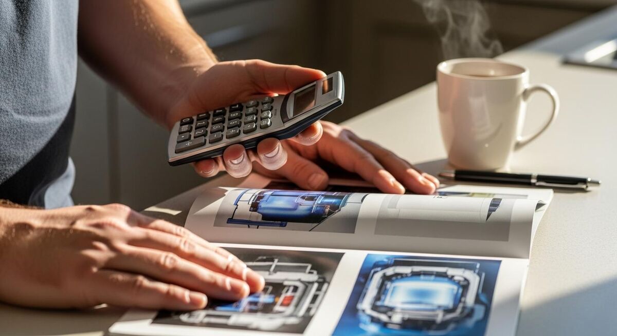 A heating engineer working out boiler pricing on a calculator beside printed boiler brochures and a mug on a kitchen worktop