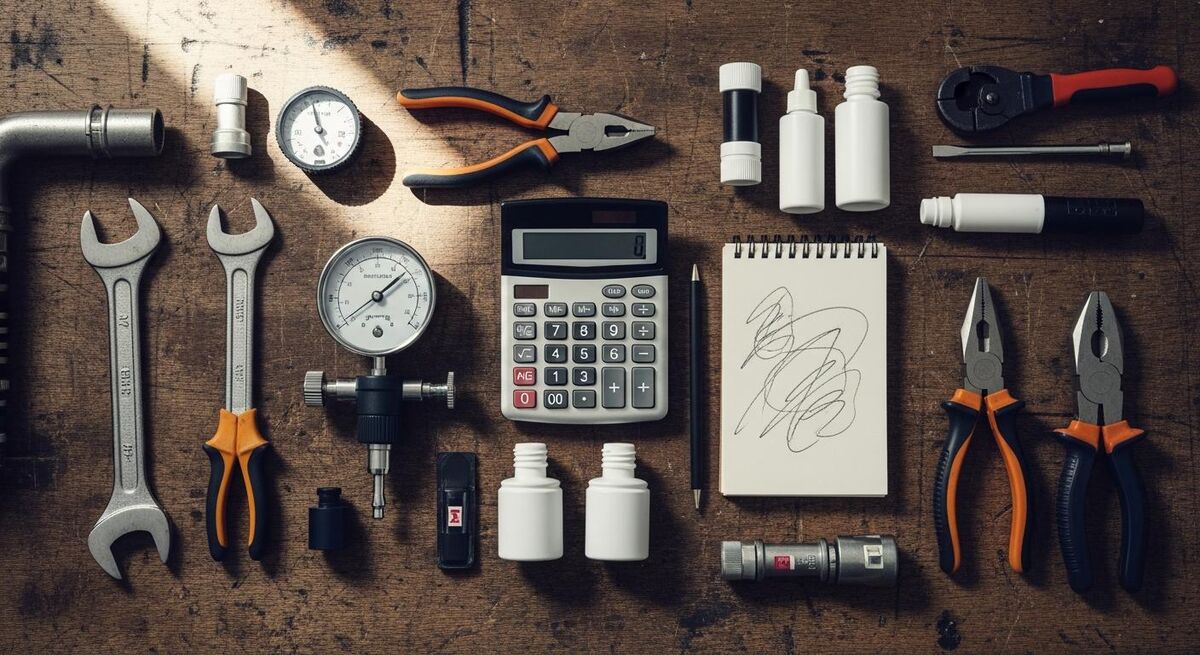 Heating engineer's tools and a clipboard laid out on a workbench for job costing