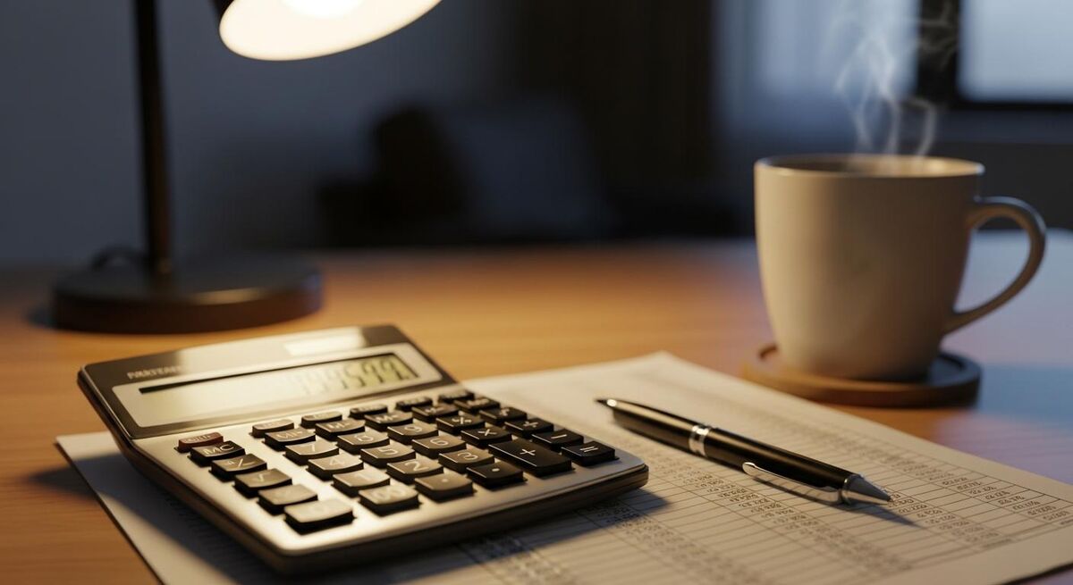 Close-up of a calculator, pen and figures on a desk in a heating engineer's home office