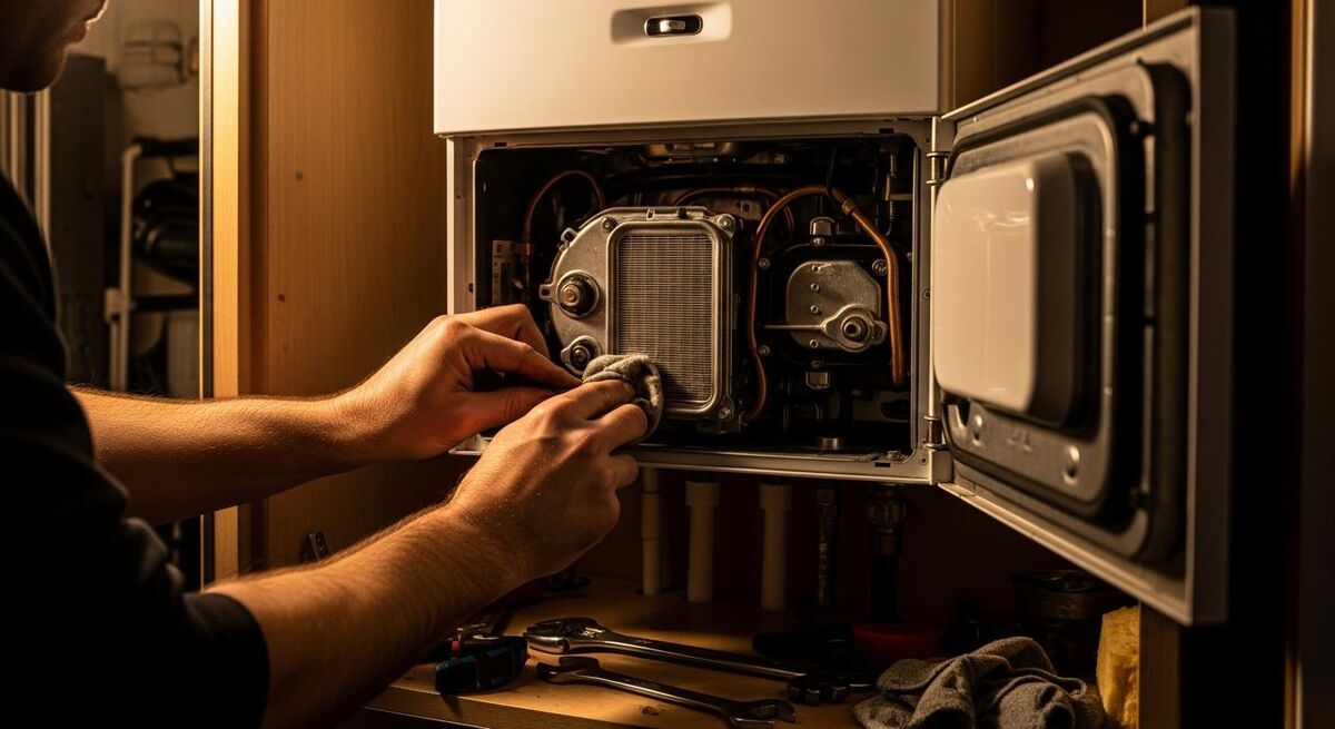 Gas Safe heating engineer servicing a combi boiler in a UK kitchen