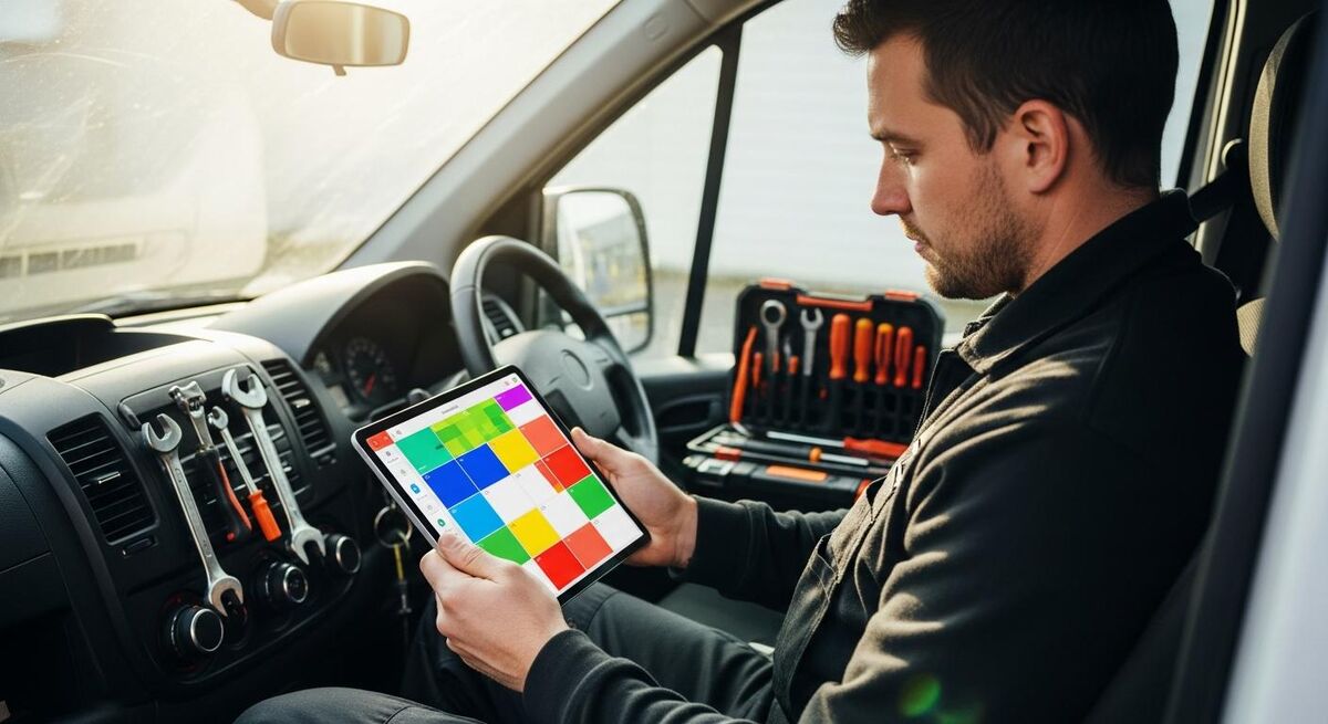 Heating engineer checking a service schedule on a tablet in a van