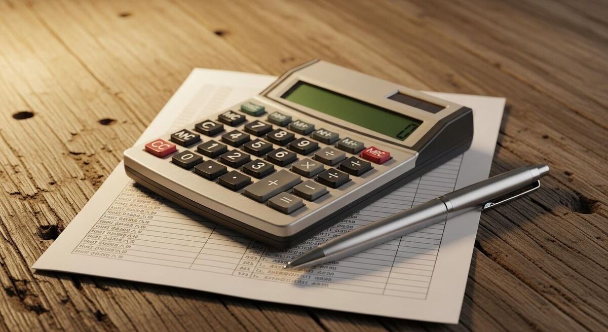 A calculator, a pen and a printed job sheet on a workshop bench in warm light
