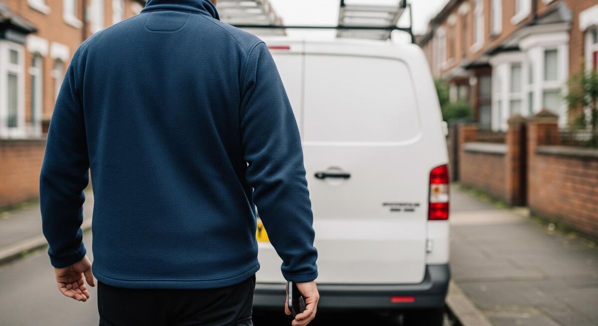 A tradesperson standing on a suburban doorstep with a tablet, greeting a homeowner at the start of a site visit