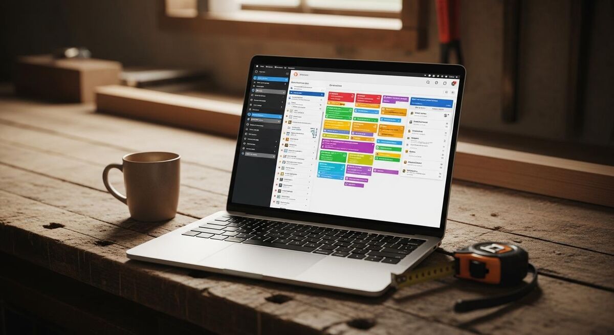 A laptop on a workshop bench showing an abstract form-building dashboard with coloured blocks, screen text unreadable