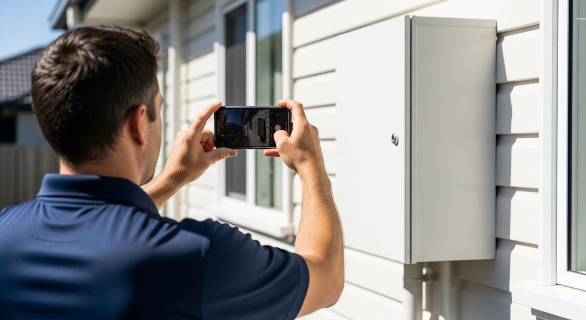 An engineer photographing an outdoor unit on a wall with a phone held up, the phone screen angled away from view