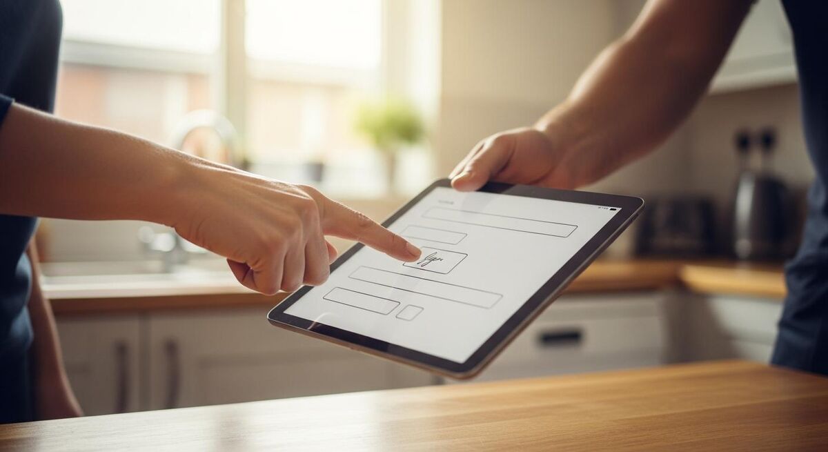 A homeowner signing on a tablet held out by a tradesperson across a kitchen worktop in warm daylight