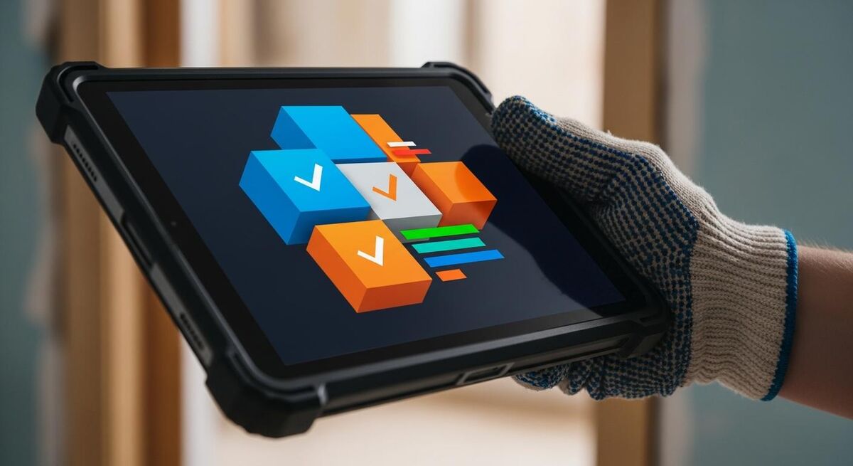 Close-up of a tablet held in a gloved hand on a job site showing an abstract checklist interface, screen text not legible