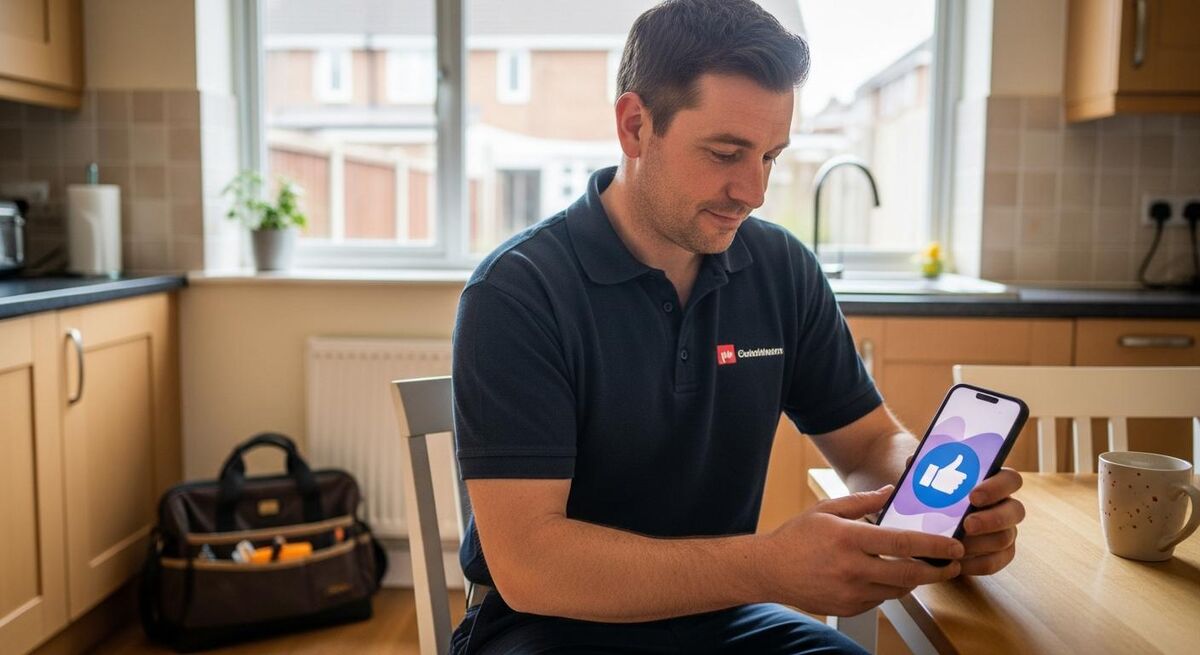 Engineer reviewing a customer satisfaction message on a phone after completing a heating system installation