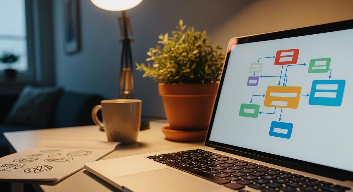 Laptop showing an automation workflow editor with connected nodes for triggers and actions