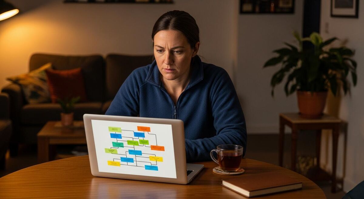 A tradesperson reviewing a workflow diagram on a laptop in a warm office