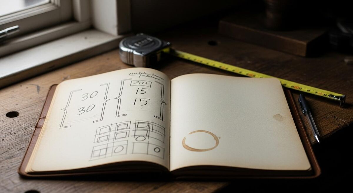 A workshop notebook with handwritten scoring brackets on a worn wooden bench
