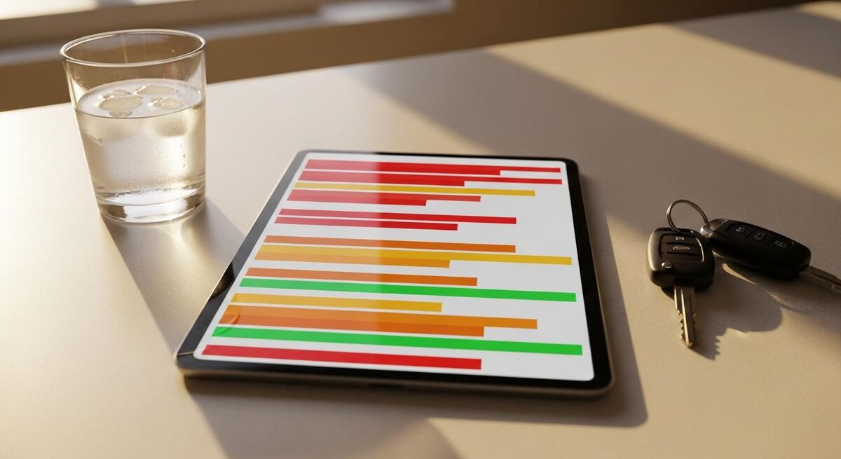 A tablet showing an enquiry list with priority bands on a kitchen worktop