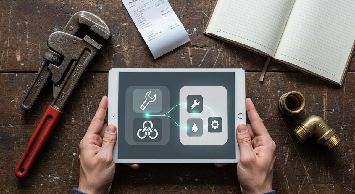 Hands holding a tablet showing a connected app integration interface in a workshop