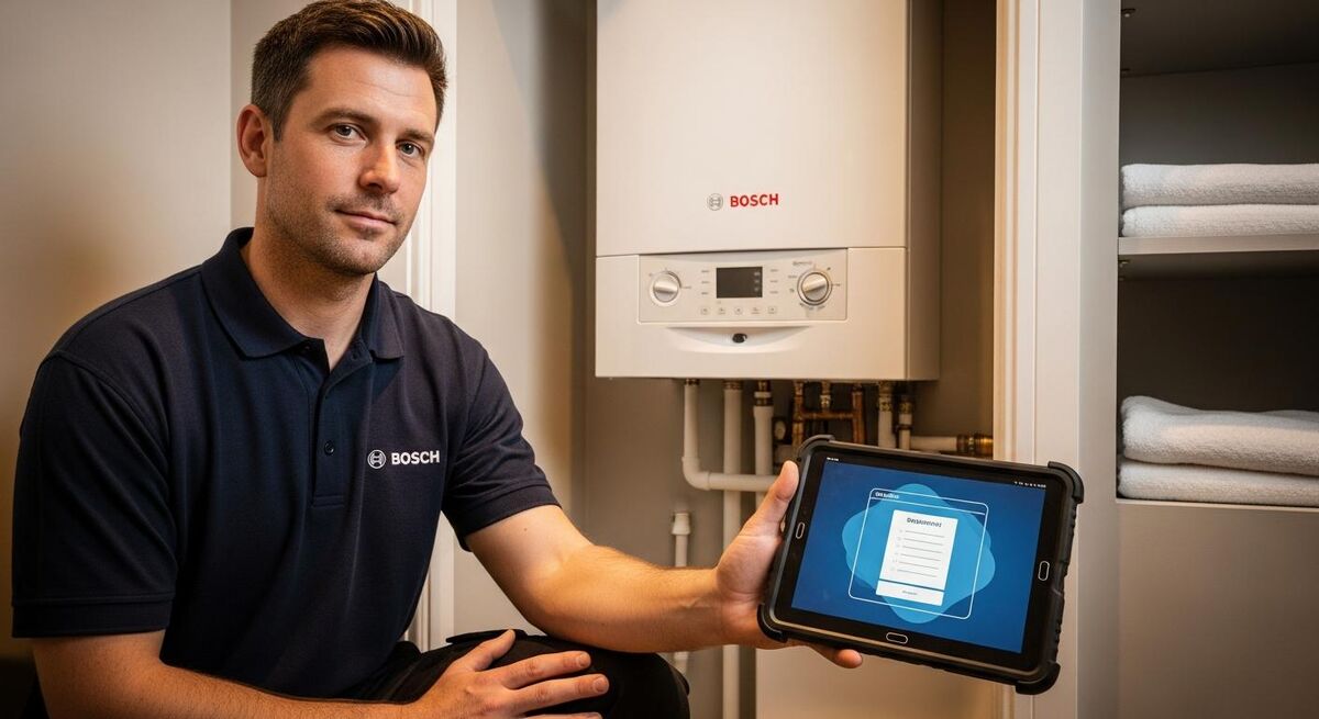 Engineer signing a digital boiler service certificate on a tablet in a customer kitchen