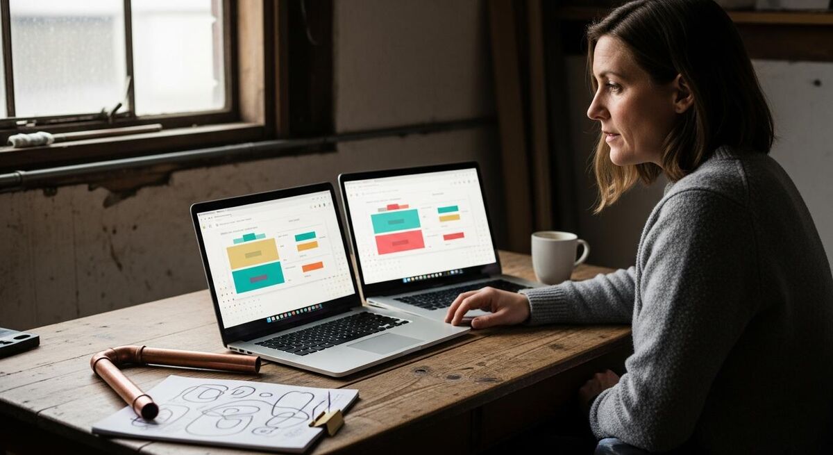 Tradesperson comparing software plans on a laptop in a workshop office