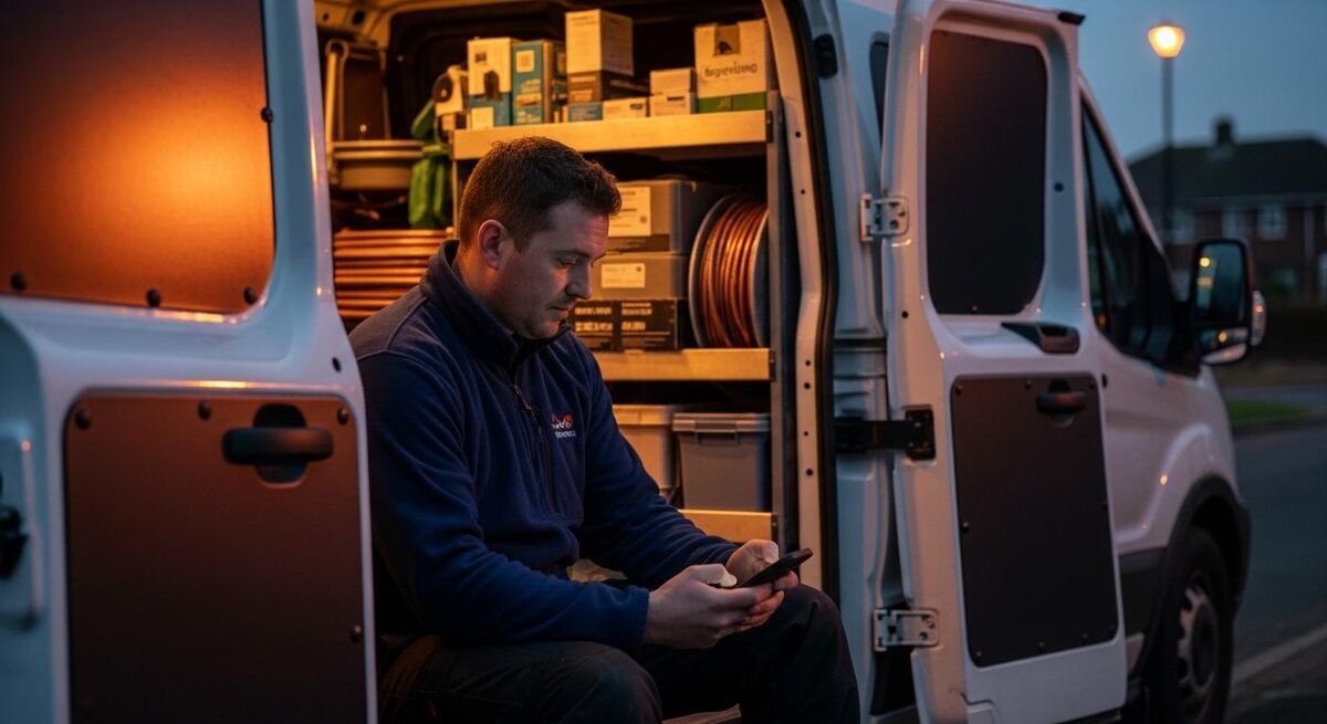 Gas engineer reviewing job notes on a phone at dusk in a service van