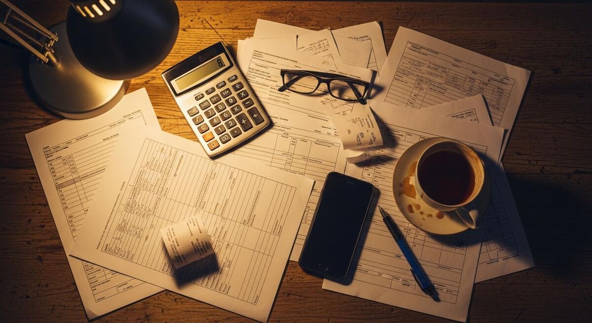 Stack of trades paperwork on a kitchen table at night