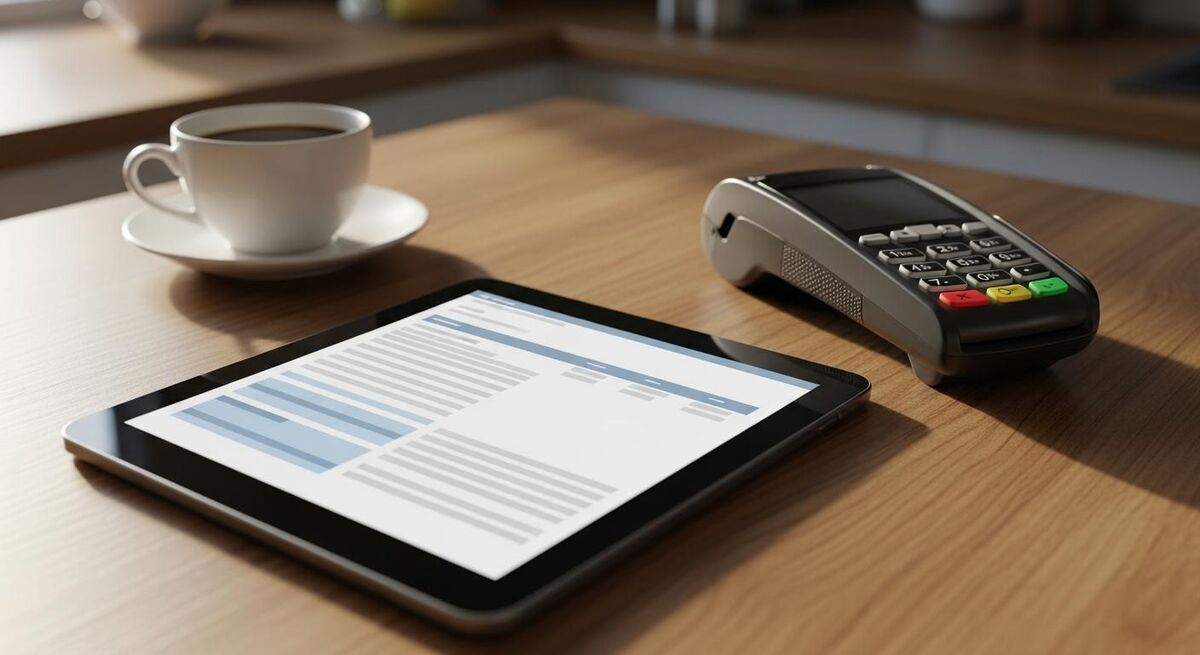 Tablet showing a sent quote, an accepted status, and an invoice generated automatically