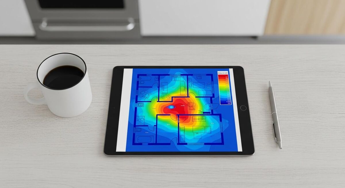 Tablet screen showing a colourful floor plan layout with room-by-room heat loss figures overlaid on a kitchen table next to a coffee mug