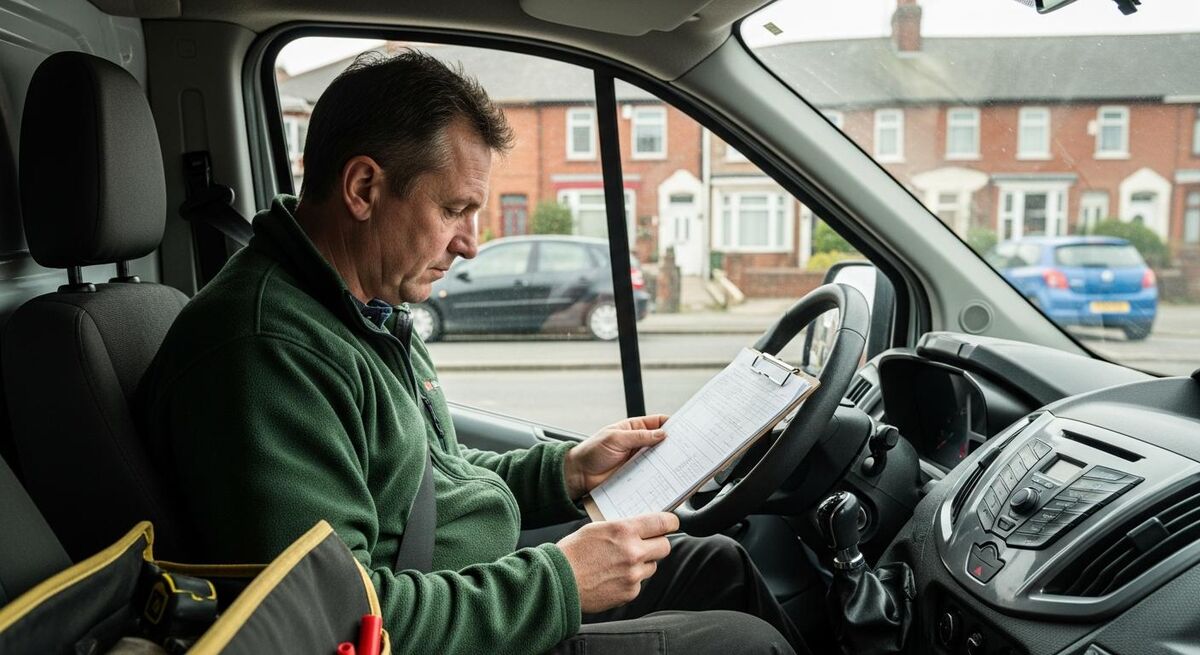 Heating engineer in a fleece reviewing paperwork and a calculator on the bonnet of a white transit van