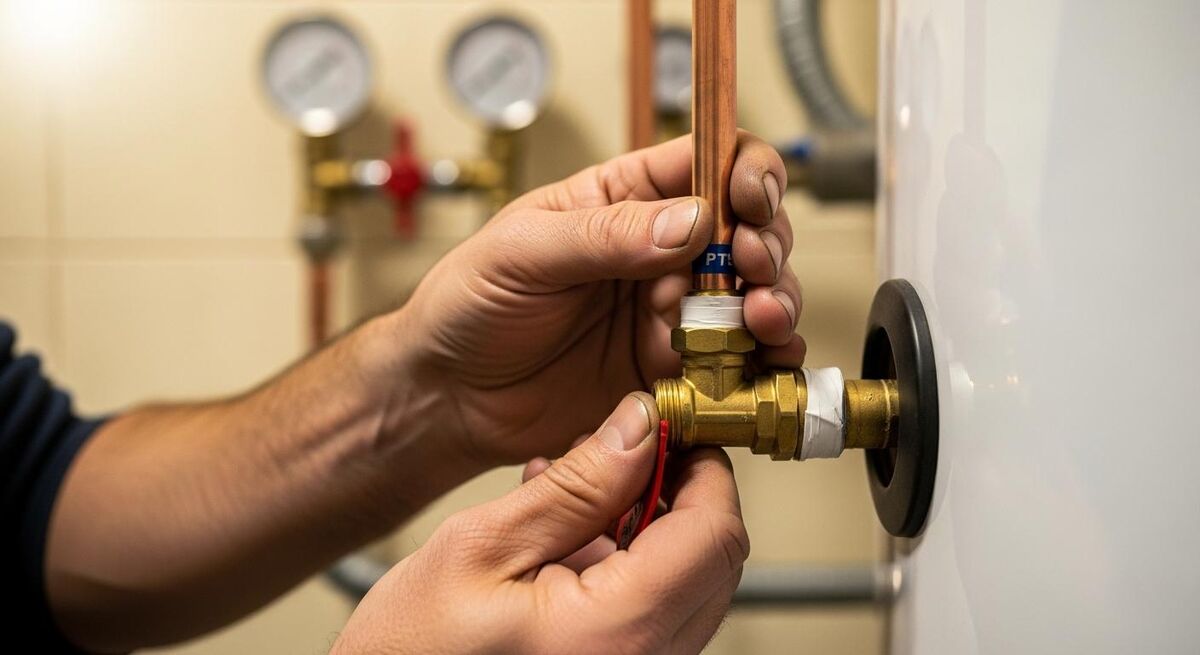 Close-up of a plumber's hands connecting copper pipework to a hot water cylinder in a plant room