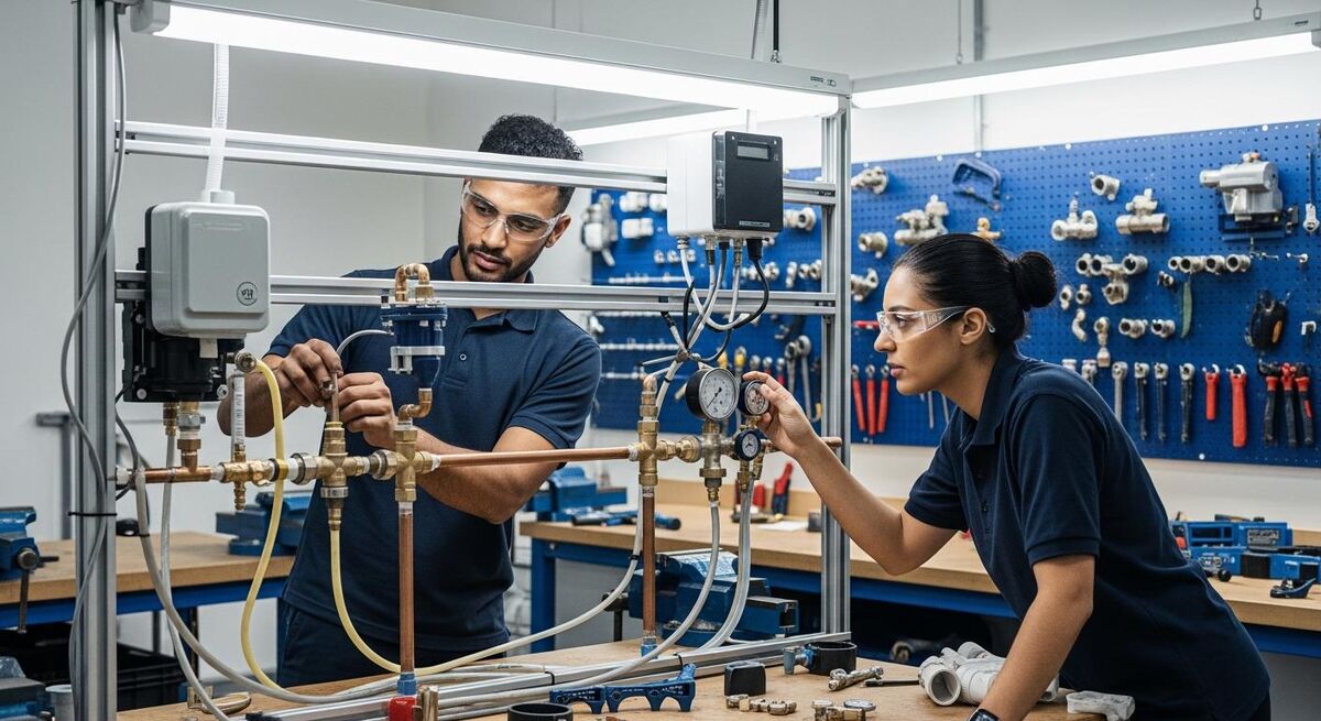 Trainee plumber working on pipework connections at a heat pump training rig in a college workshop