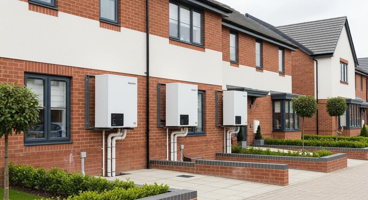 Air source heat pump unit installed on brackets outside a brick terraced house in a UK residential street