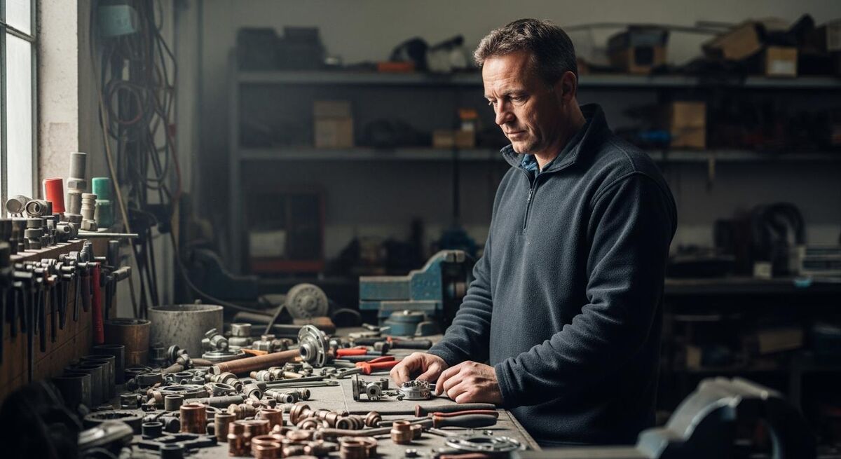 A trades business owner looking thoughtful at a cluttered workbench, weighing up a difficult conversation