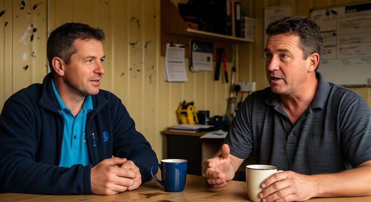 Two trades workers sitting with mugs of tea in a site cabin having a calm one-to-one conversation