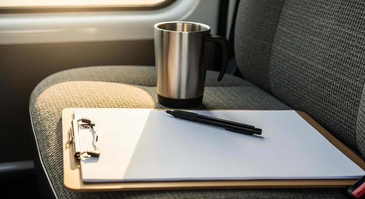 Job sheets and a notebook spread on a van dashboard as an owner gathers the facts before a meeting