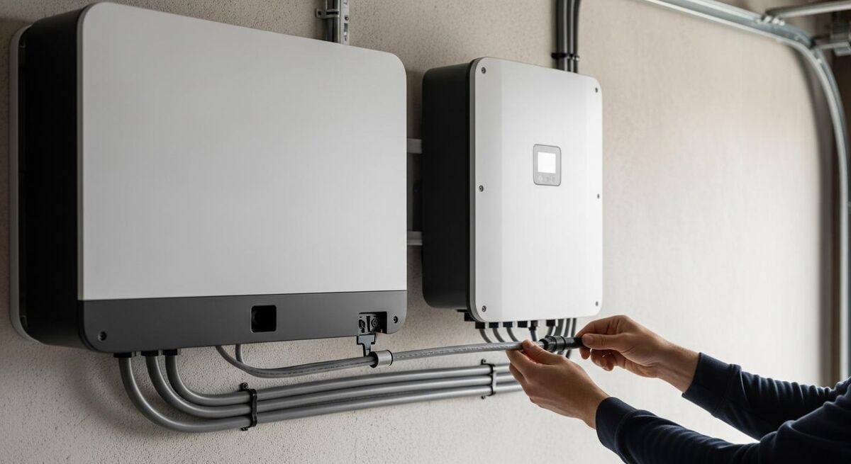 A wall mounted home battery storage unit being installed next to an inverter in a utility space