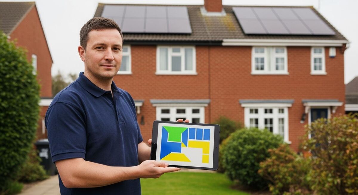A solar installer using a tablet on site to plan a rooftop panel layout