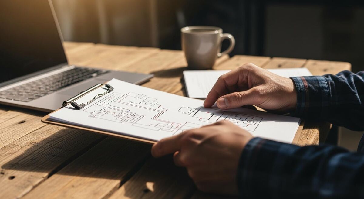 A solar installer reviewing installation documents and a checklist on a clipboard at a work table
