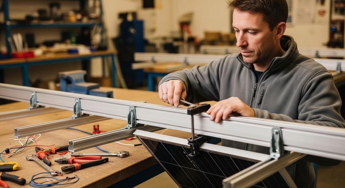 An electrician learning solar panel mounting on a training rig in a workshop classroom