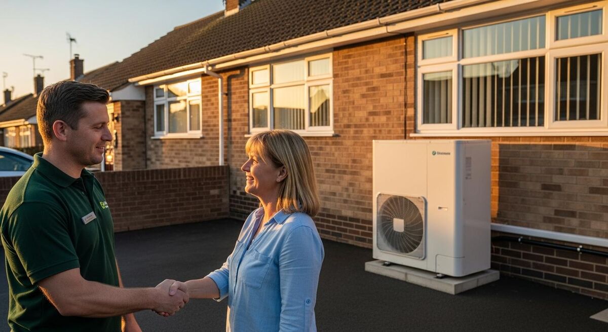 Engineer handing over a finished heat pump install to a homeowner