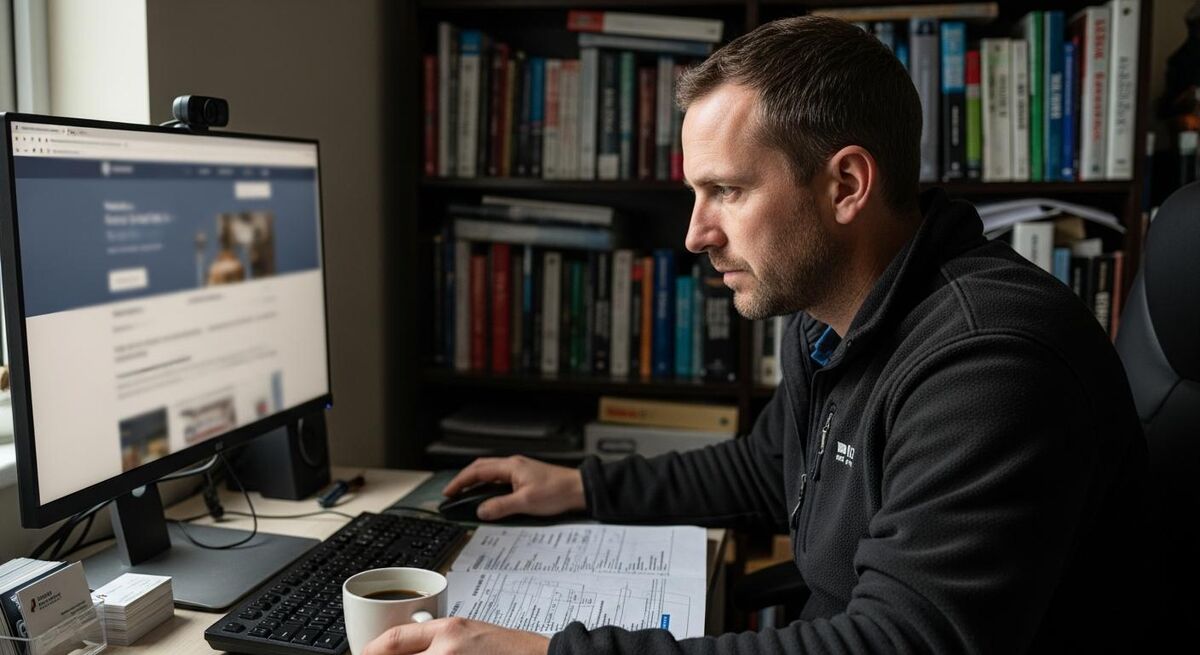 Heating engineer working on a laptop reviewing a website draft