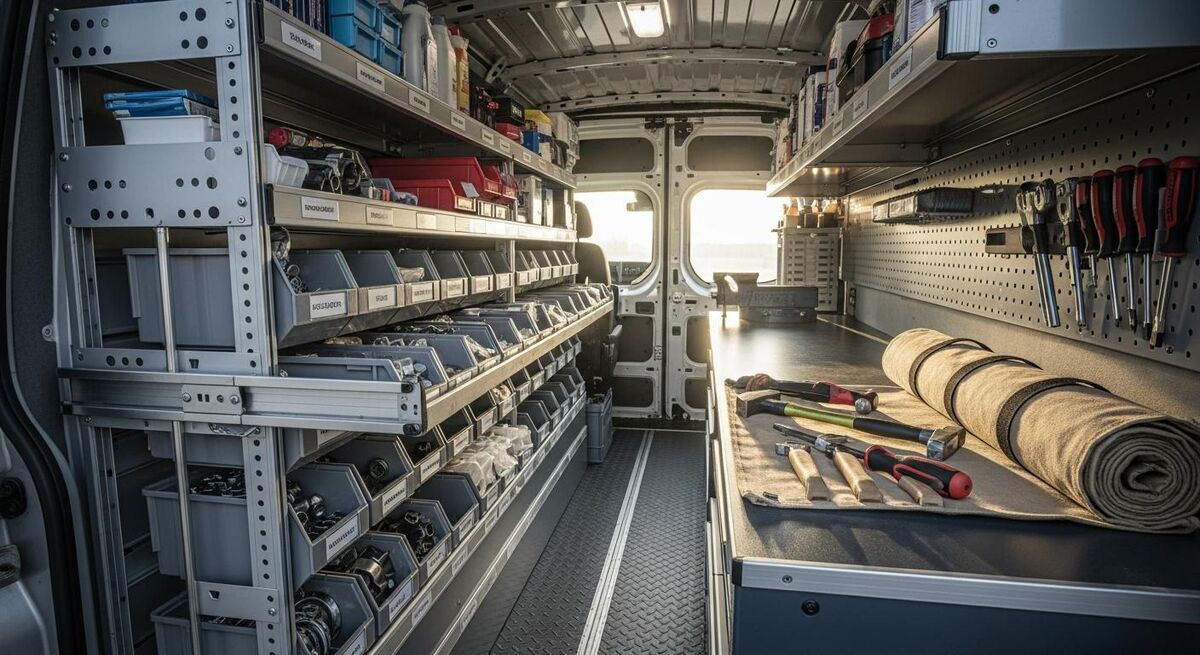 Organised van interior ready for new engineer with labelled tool storage