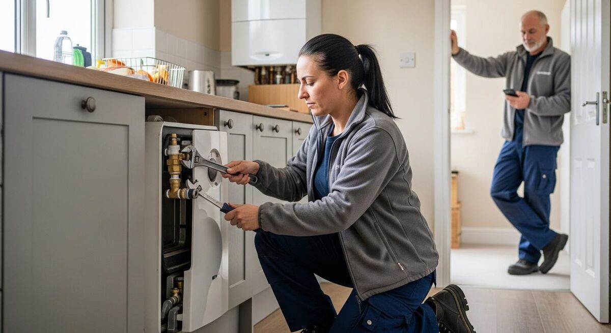 Engineer working independently while colleague observes from a distance