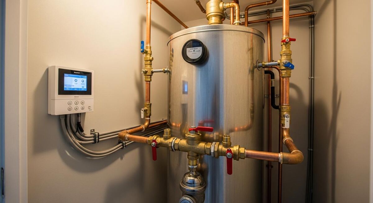 Stainless steel pre-plumbed cylinder in an airing cupboard with copper pipework and a wall-mounted MVHR controller