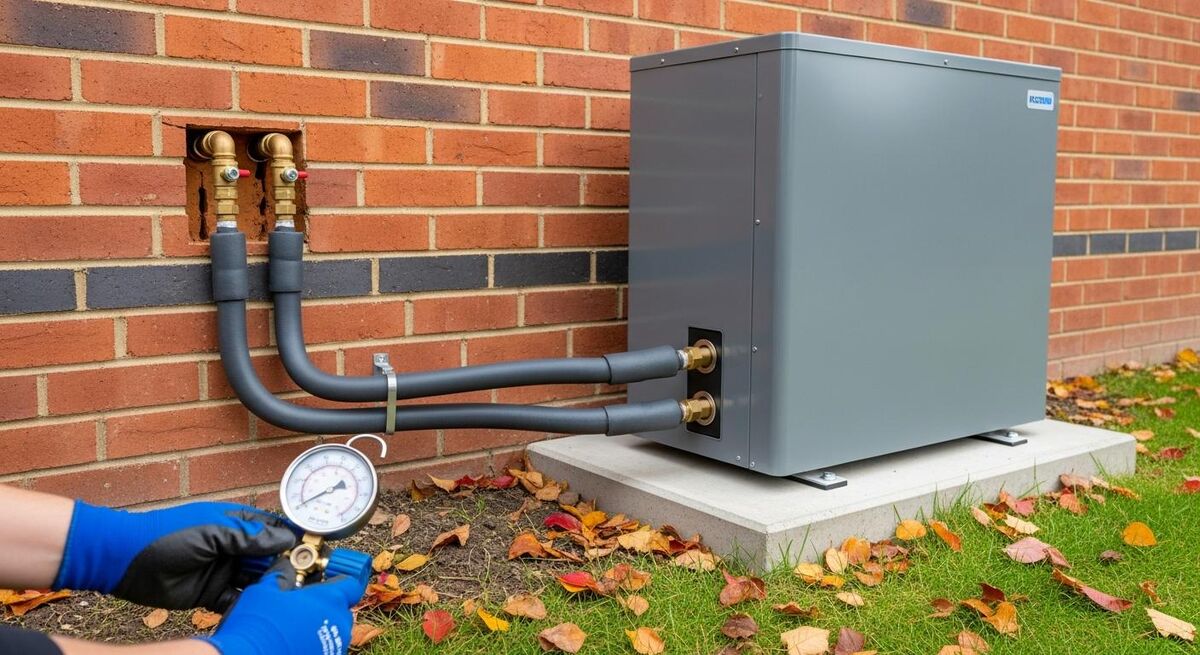 Air source heat pump installed beside a UK brick wall with copper isolation valves, gloved engineer holding a pressure gauge