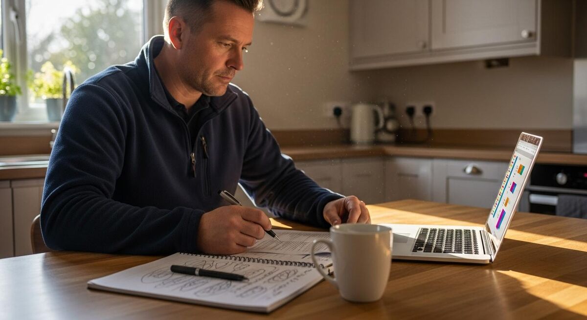 A UK tradesperson at a kitchen table working through paperwork with a laptop and notepad, mug of tea on the table