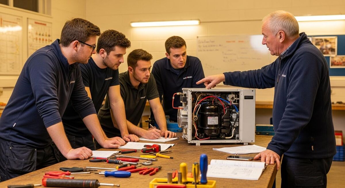 Heating engineers gathered around a partially disassembled heat pump in a UK training workshop, with the instructor pointing at the compressor
