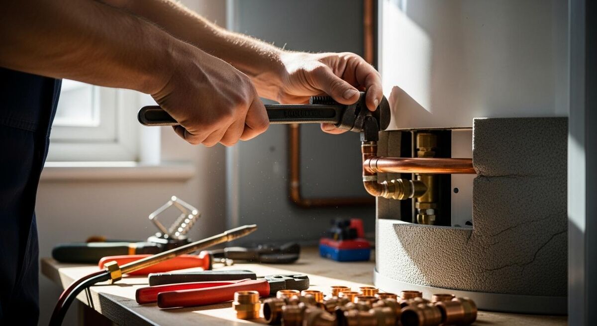 Heating engineer commissioning a new hot water cylinder during a heat pump installation