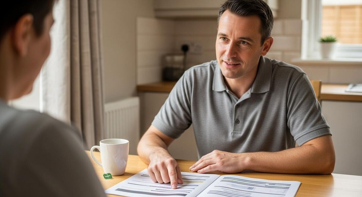 UK heating engineer reviewing a heat pump quote on a tablet at the kitchen table