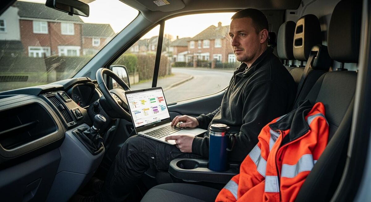 Heat pump installer using job-management software to build a quote on a laptop in a van