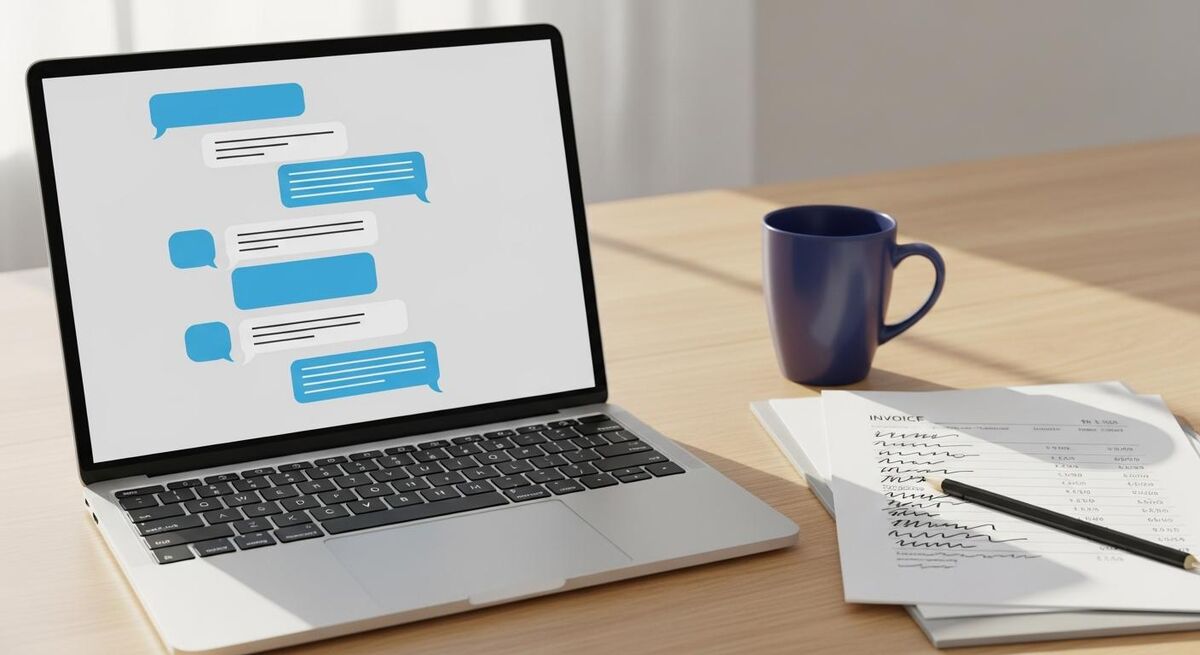 A laptop screen showing a chat-style AI interface with colourful abstract data visualisations beside a coffee mug and a paper invoice